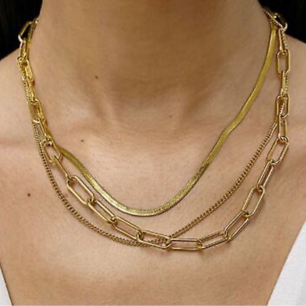 Adornia Nordstrom 14K Yellow Gold Plated Three Mixed Chain Layered Necklace NEW
